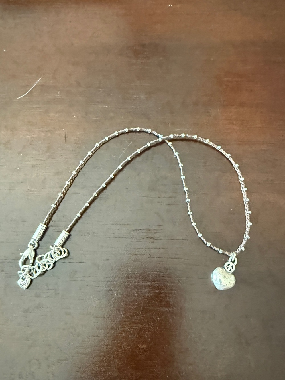 Brighton Silver Heart Charm Beaded Necklace Brown leather choker